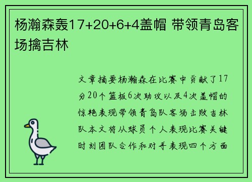 杨瀚森轰17+20+6+4盖帽 带领青岛客场擒吉林 